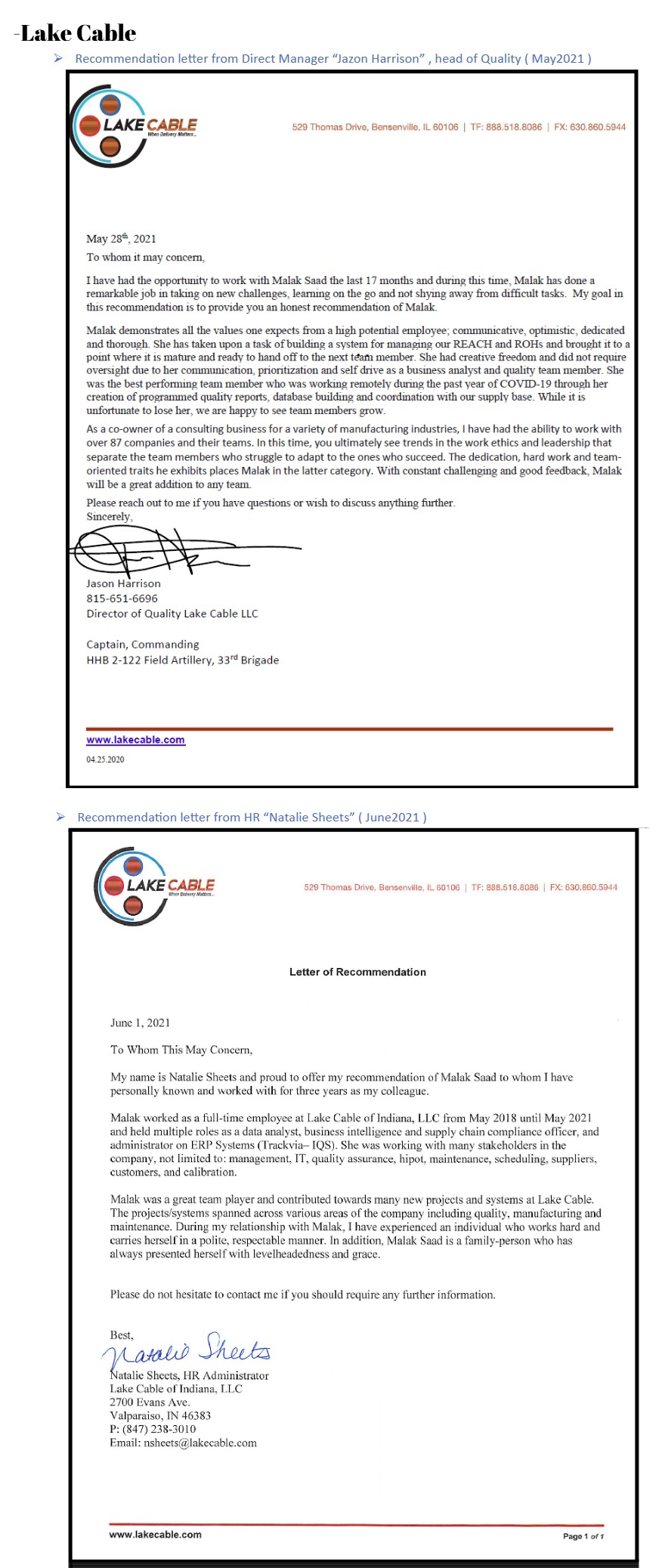 Lake Cable client recommendation letter